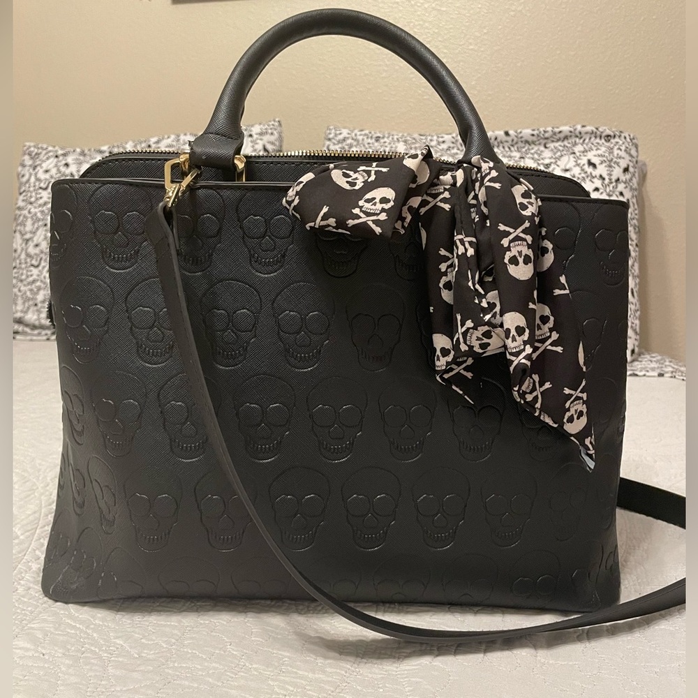 Betsey Johnson Skulls Black Satchel Crossbody Handbag Purse with Scarf